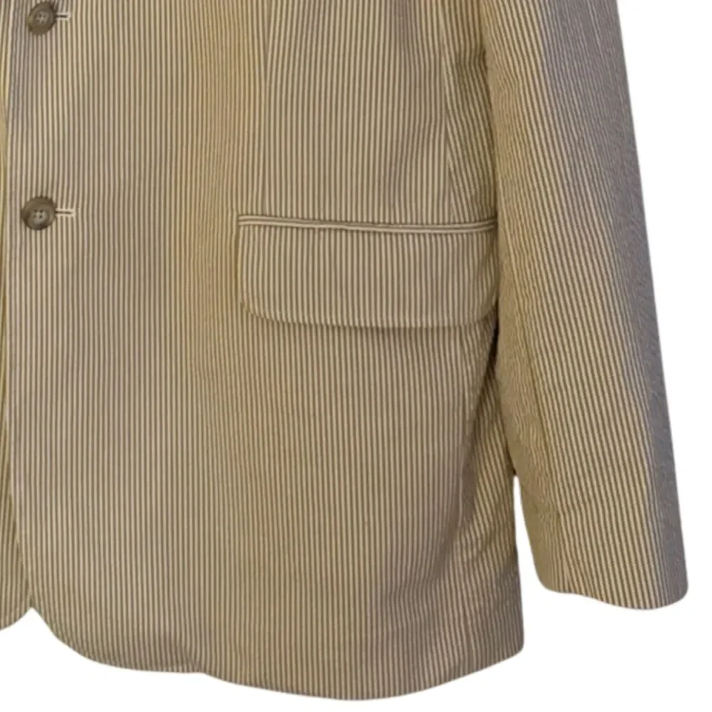 J Crew Seersucker Blazer Mens Size 46 Long Khaki White Striped Cotton Sport Coat
